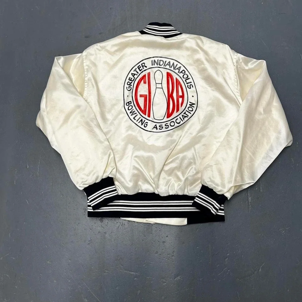 Vintage 80s white with navy blue piping white bowling satin bomber jacket - Picture 1 of 4